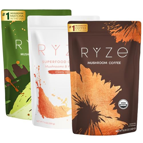 RYZE SUPERFOODS Ultimate Energy Bundle, USDA Organic Mushroom Coffee & Mushroom Matcha + Probiotic Creamer with 6 Adaptogenic Mushrooms for Better Energy, Focus, Digestion, Immunity, 30 serving each | Amazon (US)
