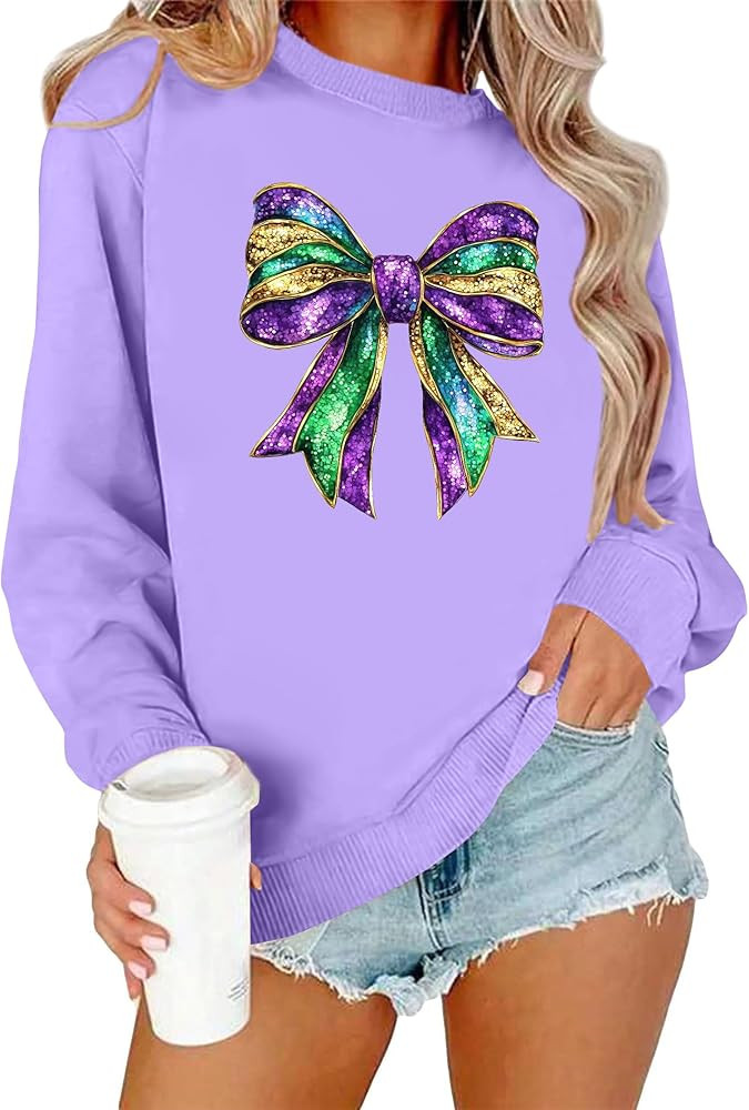 LHBNK Mardi Gras Sweatshirt Women: Mardi Gras Carnival Shirts Fat Tuesday Tee Funny Bow Graphic C... | Amazon (US)
