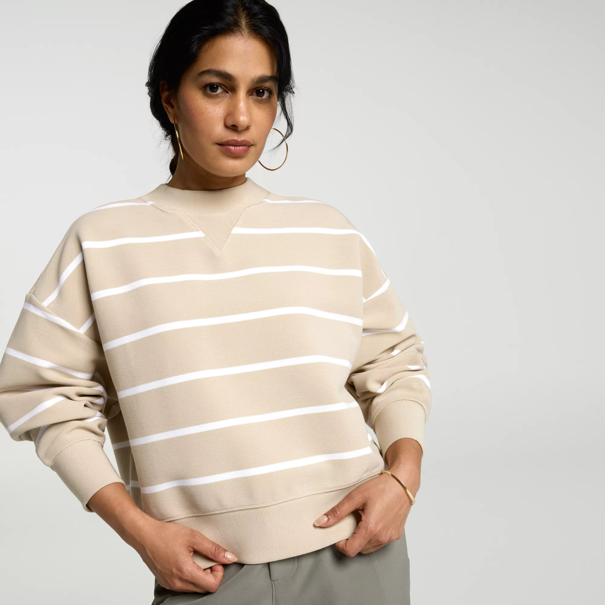CALIA Women's Soft Scuba Ottoman Crew Neck, XXL, Khaki Sand Stripe | Going Going Gone