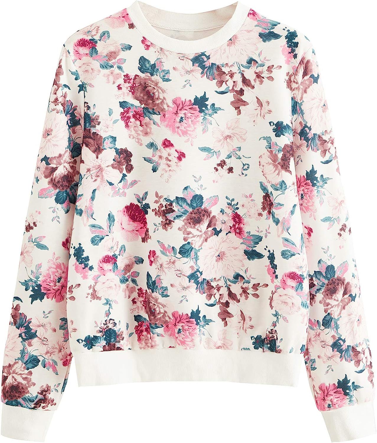 Romwe Women's Casual Floral Print Long Sleeve Pullover Tops Lightweight Sweatshirt | Amazon (US)