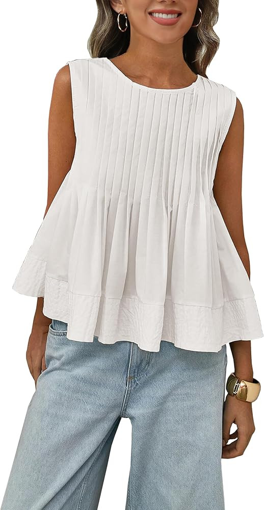 Megfie Womens Summer Pleated Peplum Sleeveless Blouse Tank Tops Round Neck Y2K Babydoll Blouse Sh... | Amazon (US)