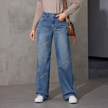 Womens Water Washed Straight Leg Jeans With Slanted Pockets | SHEIN