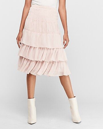 high waisted smocked tiered midi skirt | Express
