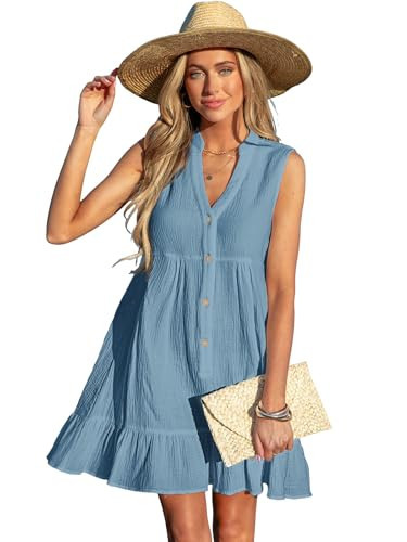 CUPSHE Women Beach Cover Ups 100% Cotton V Neck Ruffle Hem Bathing Suit Coverup Dress Lake Blue, M | Amazon (US)