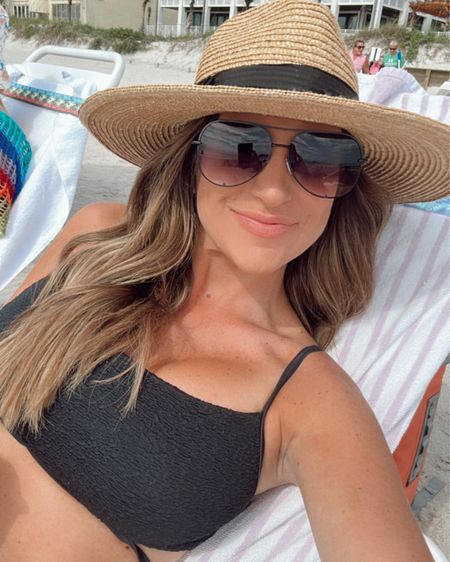 In a medium 2 piece swim - top is bandeau with tie straps and bottom is high waisted - Brixton hat and sunglasses for summer beach day from amazon- fits TTS.

#LTKunder50 #LTKstyletip #LTKswim
