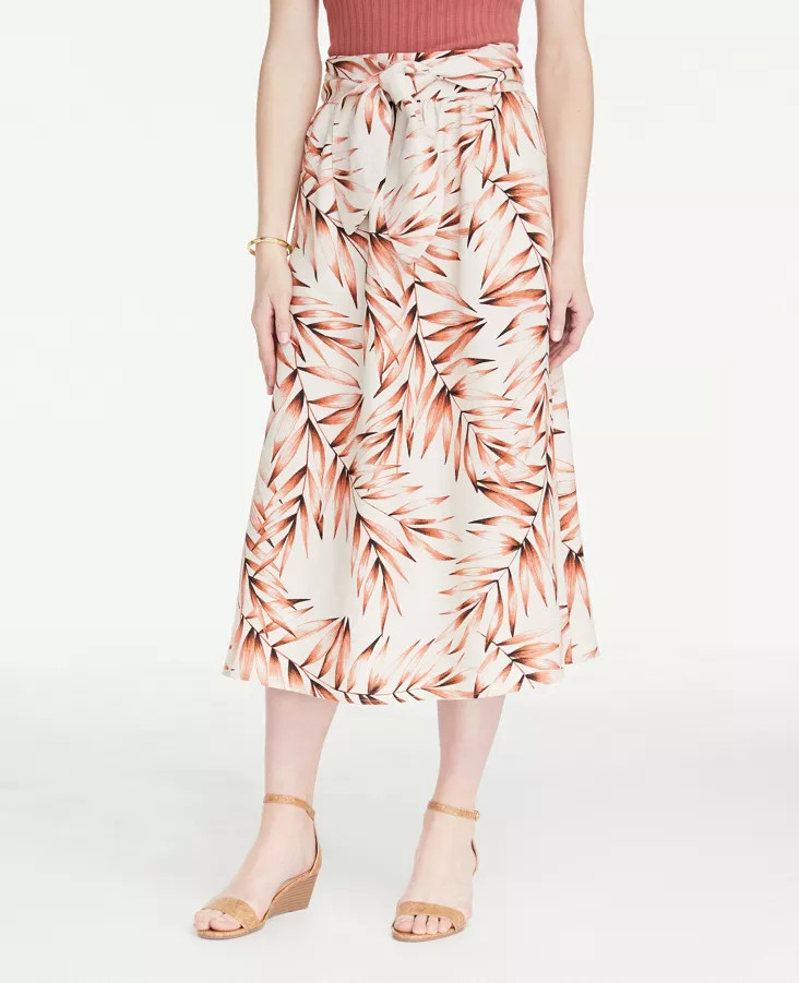 Leafed Linen Blend Tie Waist Midi Skirt | Ann Taylor Factory
