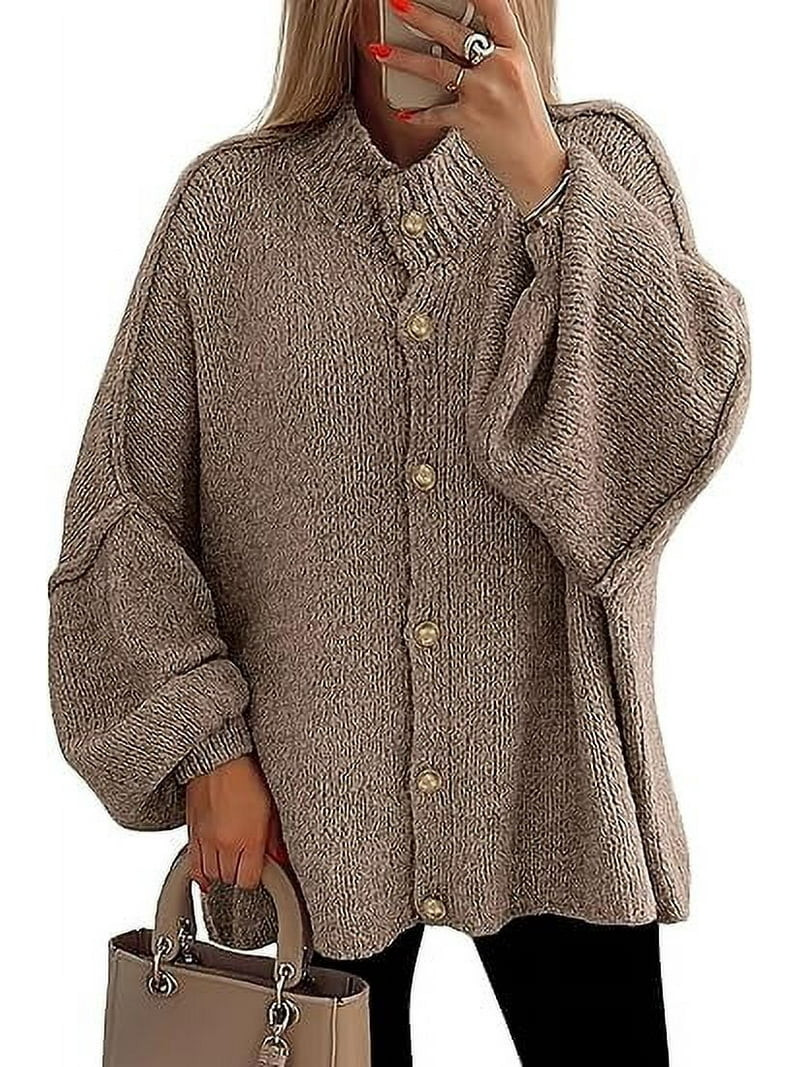 PRETTYGARDEN Women's Winter Button Down Cardigan Sweaters Mock Neck Lantern Long Sleeve Chunky Kn... | Walmart (US)