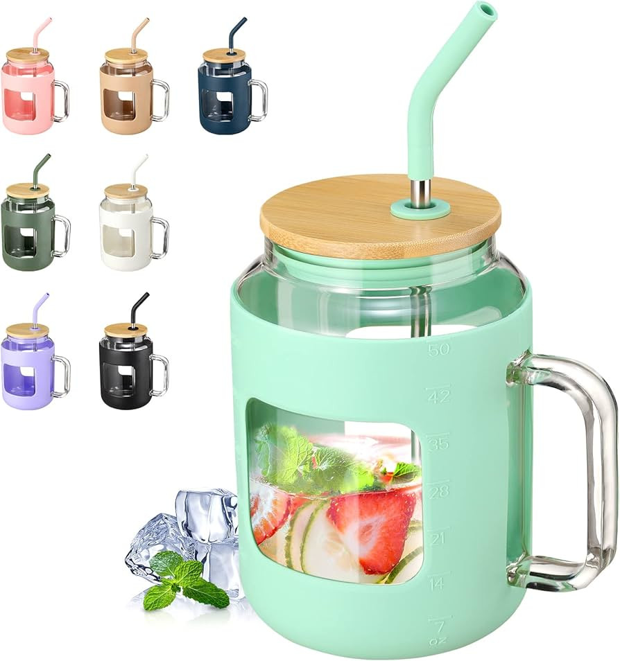 VOKOVO 50 oz Glass Tumbler with Bamboo Lid and Straw, Glass Water Bottles with Handle and Silicon... | Amazon (US)