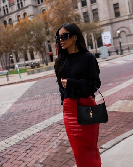 Fall / holiday outfit ideas from Nordstrom
Free People black sweater wearing an XS
Nordstrom red faux leather skirt wearing an XS - size up under $100
YSL Saint Laurent hobo bag

#LTKfindsunder100 #LTKstyletip #LTKHoliday