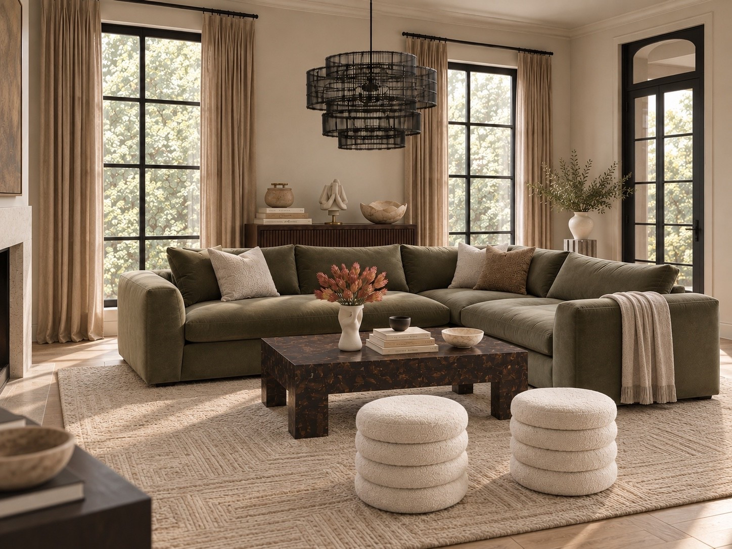 Living room design 

Green sectional sofa, white poof, black chandelier, home decor, living room decor, crate & barrel, CB2, Lulu and Georgia

#LTKSeasonal #LTKHome
