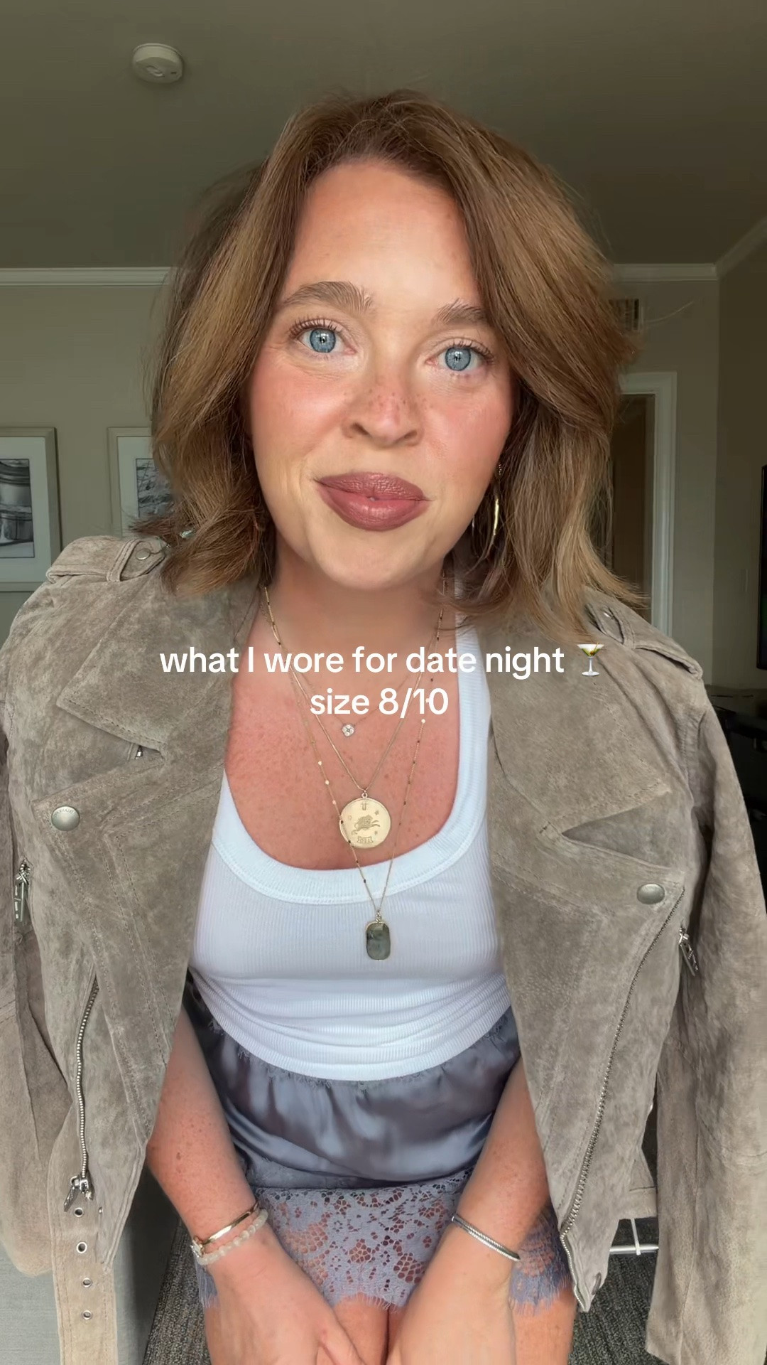 Date night ready 🍸  Wearing a size medium in the FP slip skirt, M in the tank, and size large in the moto jacket. Lippie color is “lean - warm medium brown”