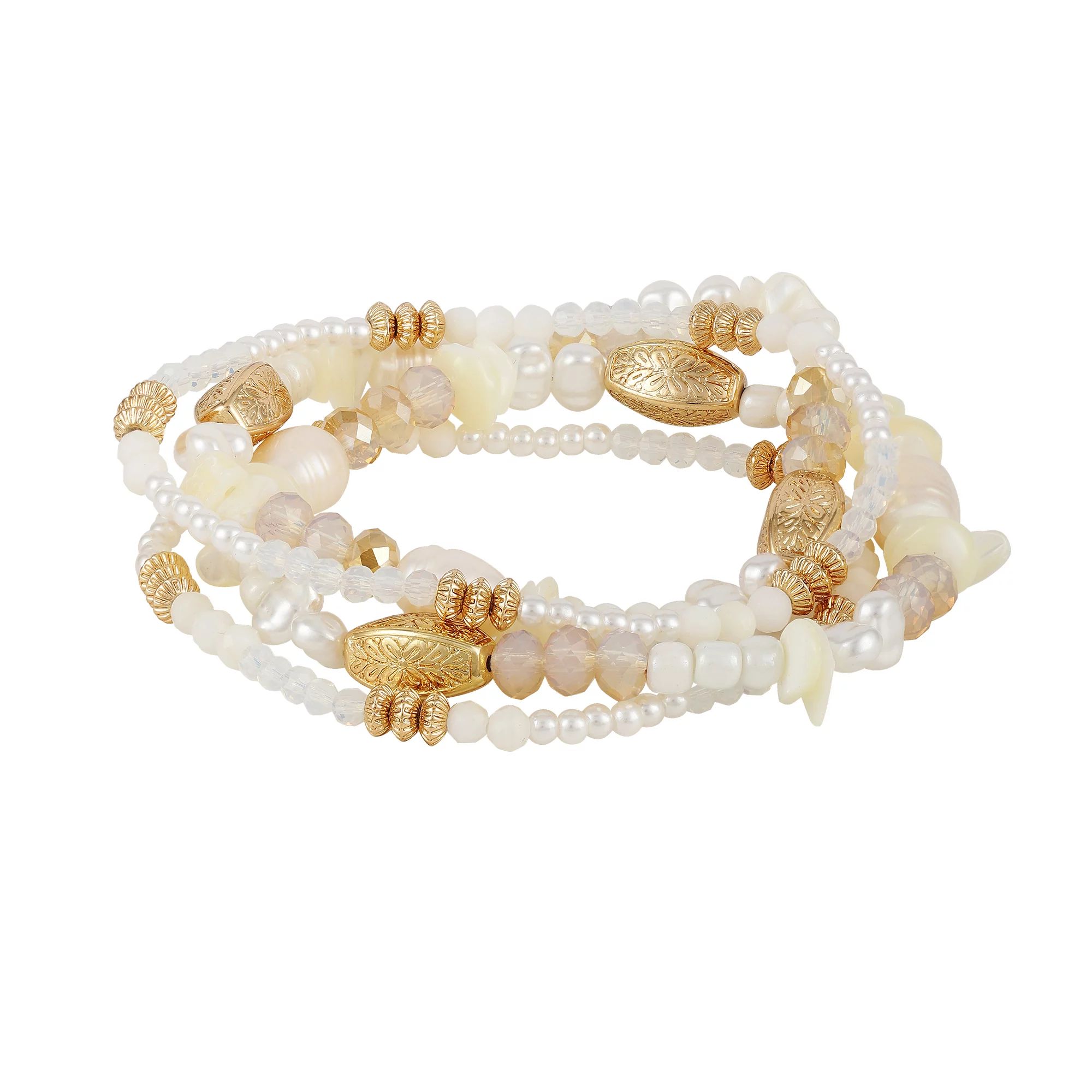 4 piece Organic Glass Pearl and Shell Beaded Stretch 7" Bracelet Set in Imitation Gold Plating. -... | Walmart (US)