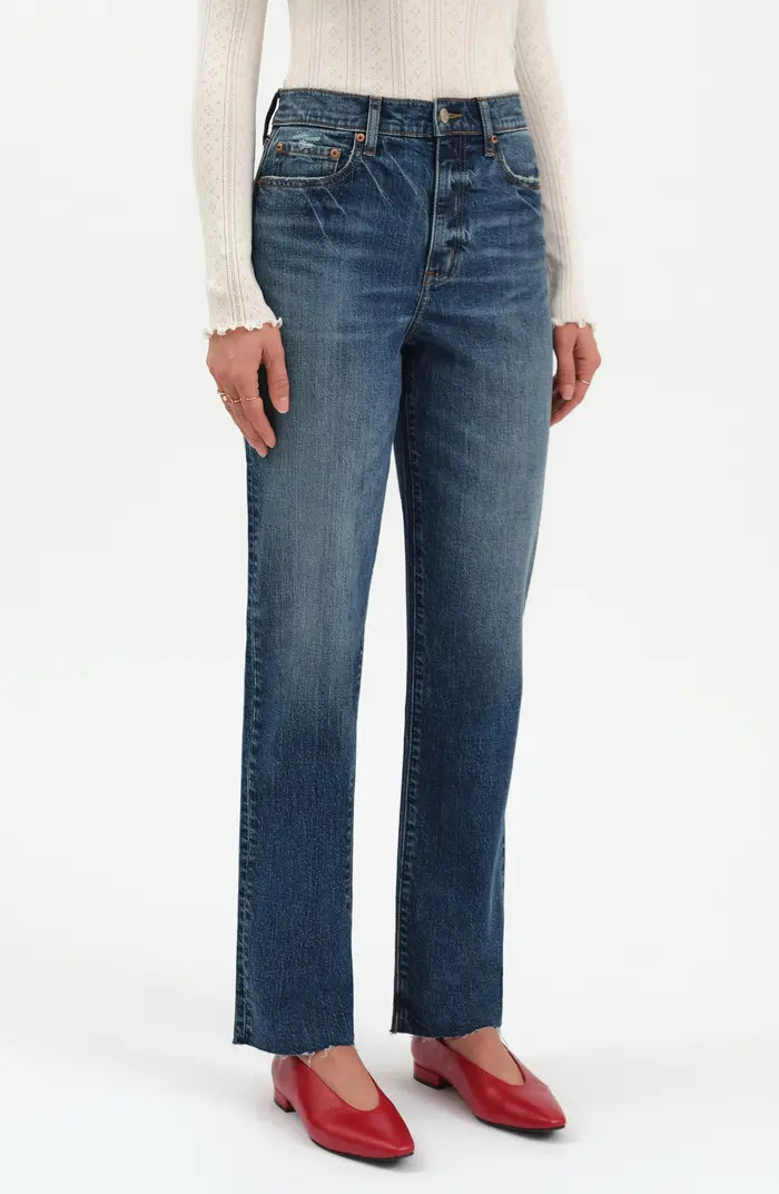 Sundaze Raw Hem High Waist Crop Straight Leg Jeans | Nordstrom