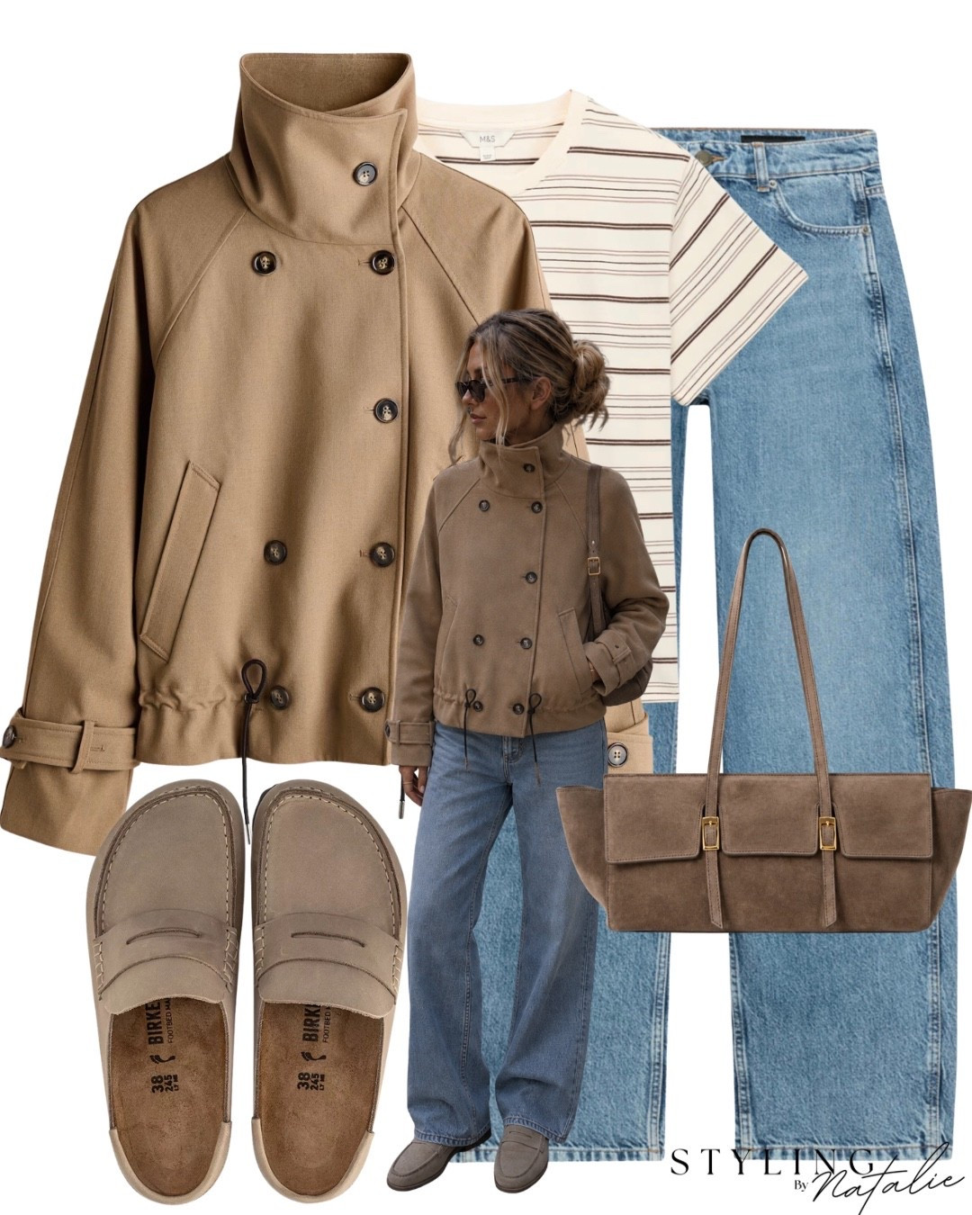 Short funnel neck trench coat with drawstring waist, wide leg jeans, stripe t shirt, suede bag and Birkenstock Naples loafers. 
Neutral outfit, early fall, autumn outfit, jacket, Zara, everyday style, casual chic.

#LTKuk #LTKautumn #LTKeurope