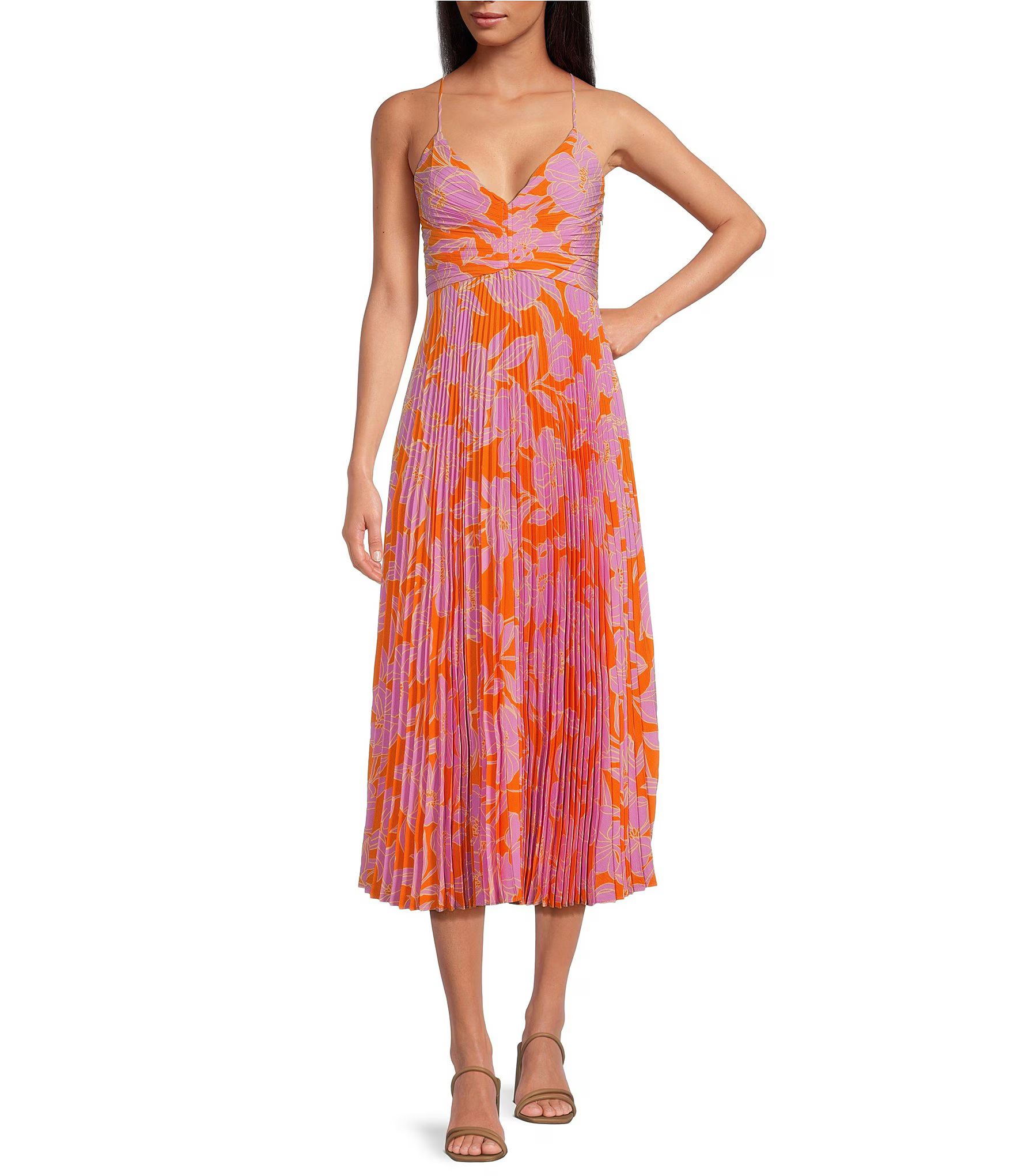 ASTR the Label Blythe Abstract Print V-Neck Sleeveless Pleated Midi Dress | Dillard's | Dillard's