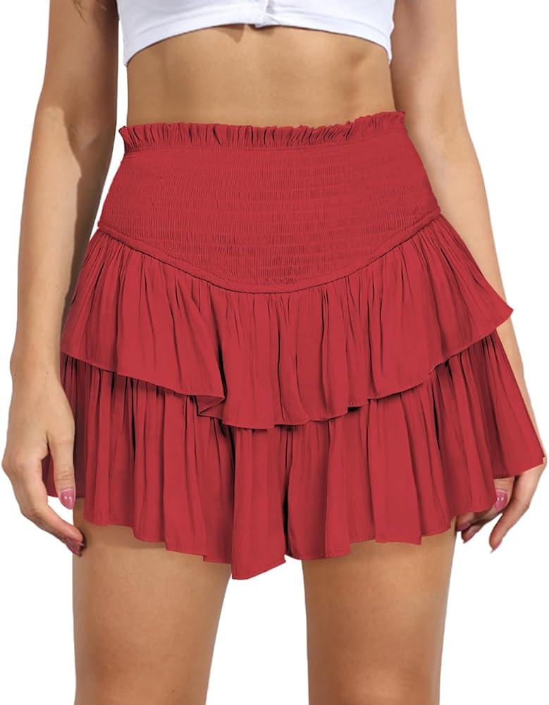 Women's Cute High Waist Ruffle Mini Skirt Layered Ruffle Hem Flared Flowy Casual Swing Beach Mini... | Amazon (US)