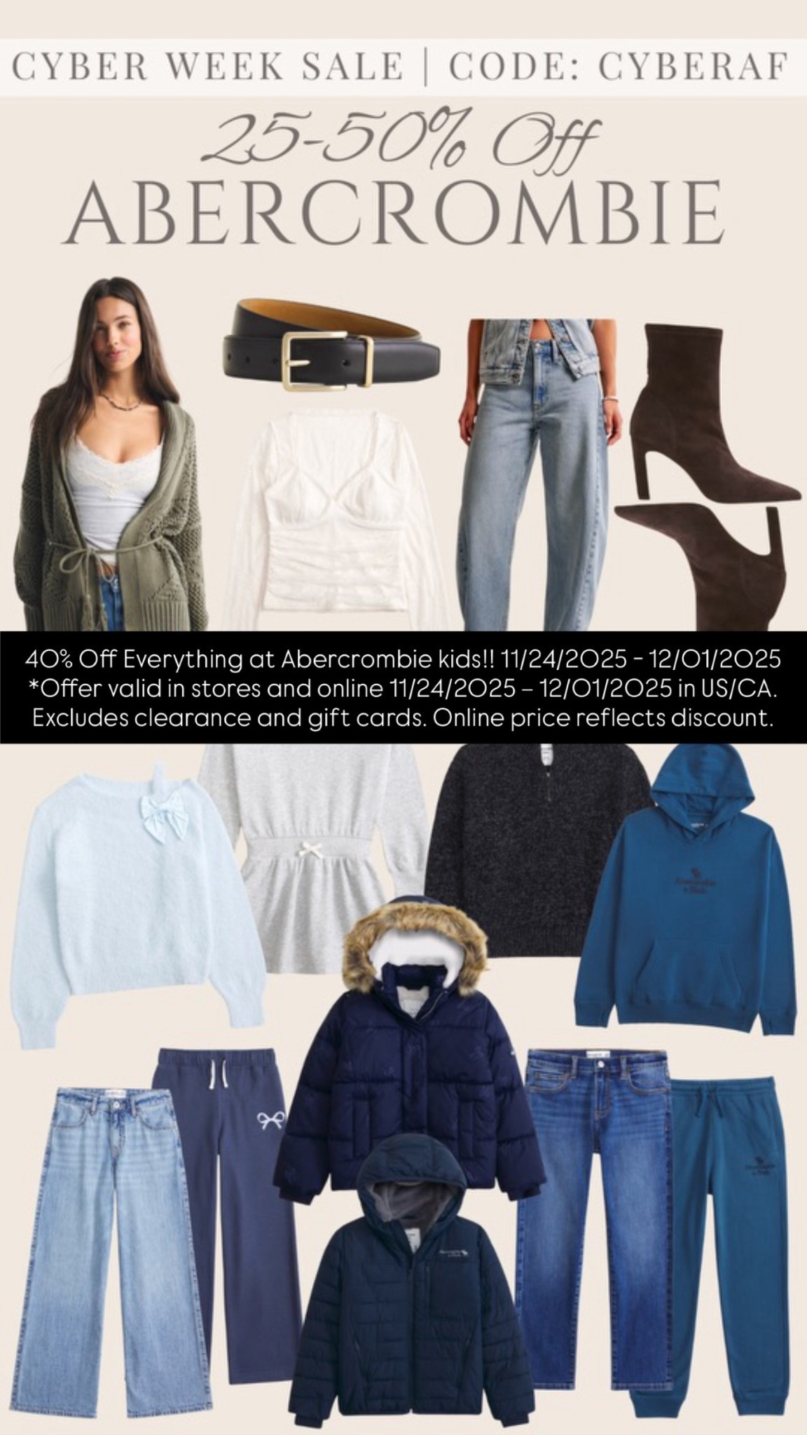 Happy Cyber Week! sharing all our favorite Abercrombie finds from the 25-50% off sale! Get extra 15% off with code CYBERAF! This is when I stock up on my kids’ jeans, outerwear and Christmas gifts! I also grabbed myself an outfit because I couldn’t resist the sale! Pro Tip: Go down one size in the jeans and up in the length. Laikyn is usually size 12, but I get her size 10/11 Long in the jeans and it’s a perfect fit.

#LTKCyberWeek #LTKKids #LTKGiftGuide