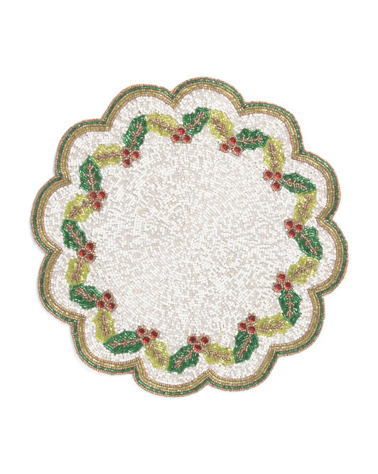 15in Round Scalloped Holly Beaded Placemat | TJ Maxx