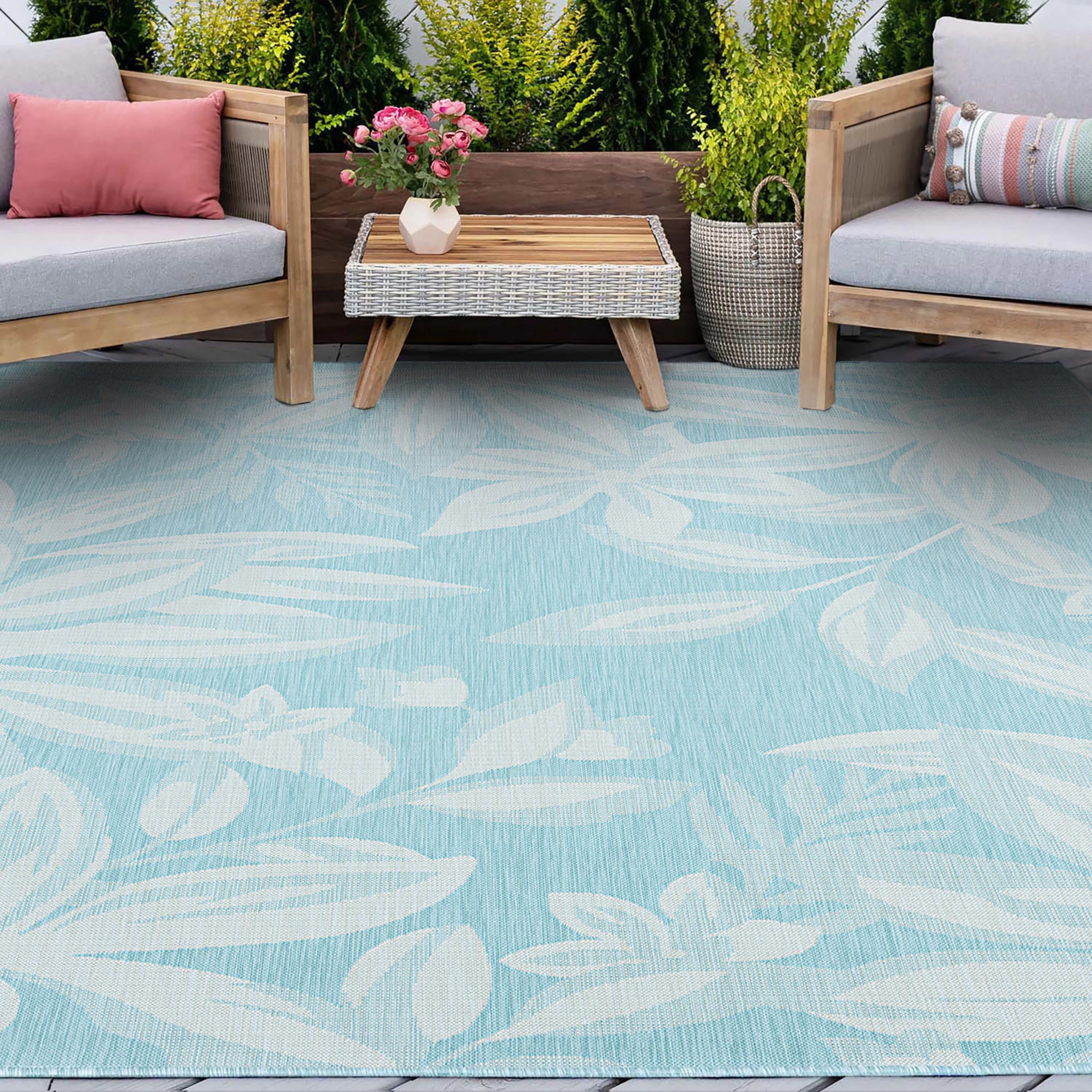 Transitional 8x10 Area Rug (7'11'' x 10'3'') Floral Aqua, Cream Indoor Outdoor Rectangle Easy to ... | Walmart (US)