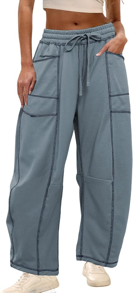 Athlisan Womens Baggy Barrel Pants Wide Leg Lounge Drawstring Sweatpants with Pockets | Amazon (US)
