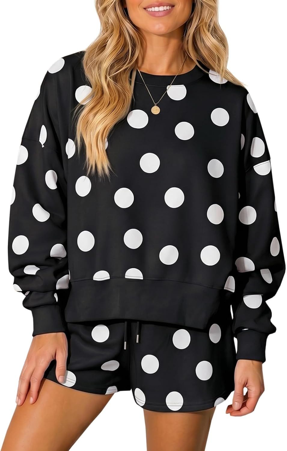 Fisoew Womens Polka Dot 2 Piece Outfits Casual Oversized Long Sleeve Sweatshirts Shorts Set Tracksuits Sweatsuits | Amazon (US)