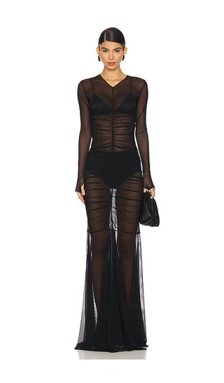 Norma Kamali Long Sleeve V Neck Shirred Front Fishtail Gown in Black. - size XS | Revolve Clothing (Global)