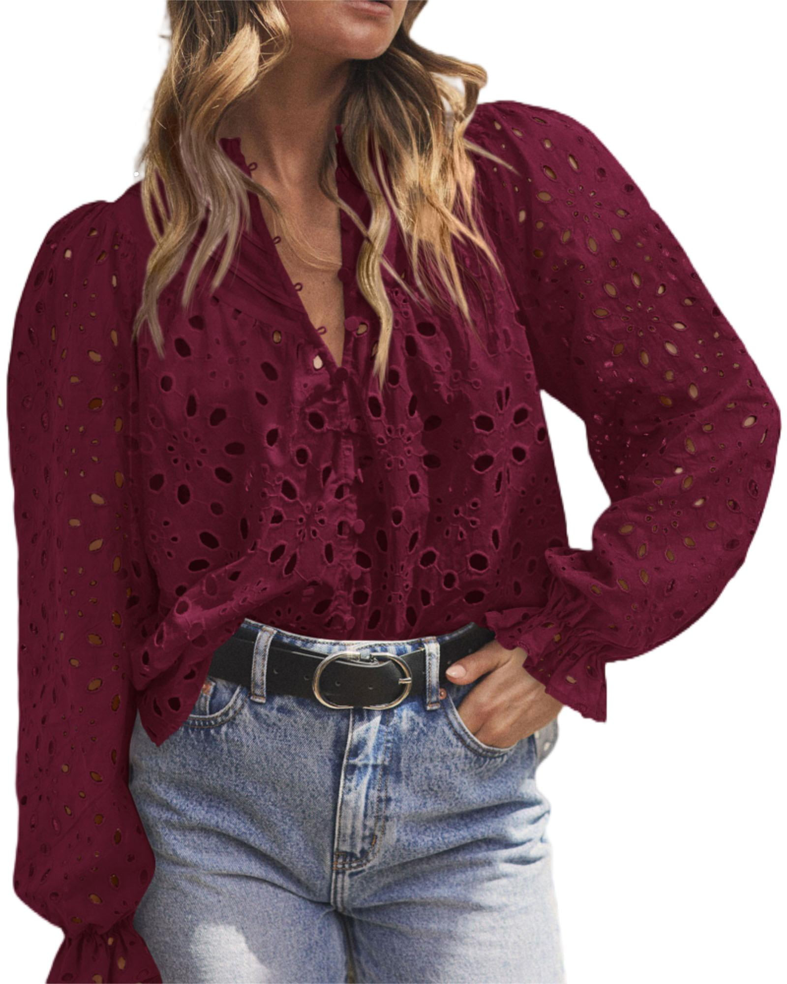 PRETTYGARDEN Women's Dressy Casual Blouse Tops Fall Puff Long Sleeve Button V Neck Hollow Out Lac... | Walmart (US)