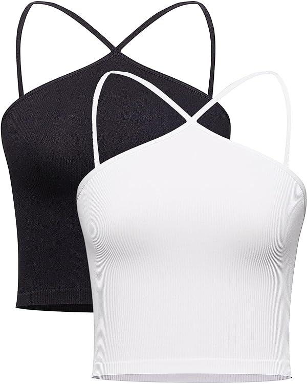 Women's Criss Cross Halter Crop Top Sleeveless Ribbed Cami Backless Solid Casual Tank Tops | Amazon (US)