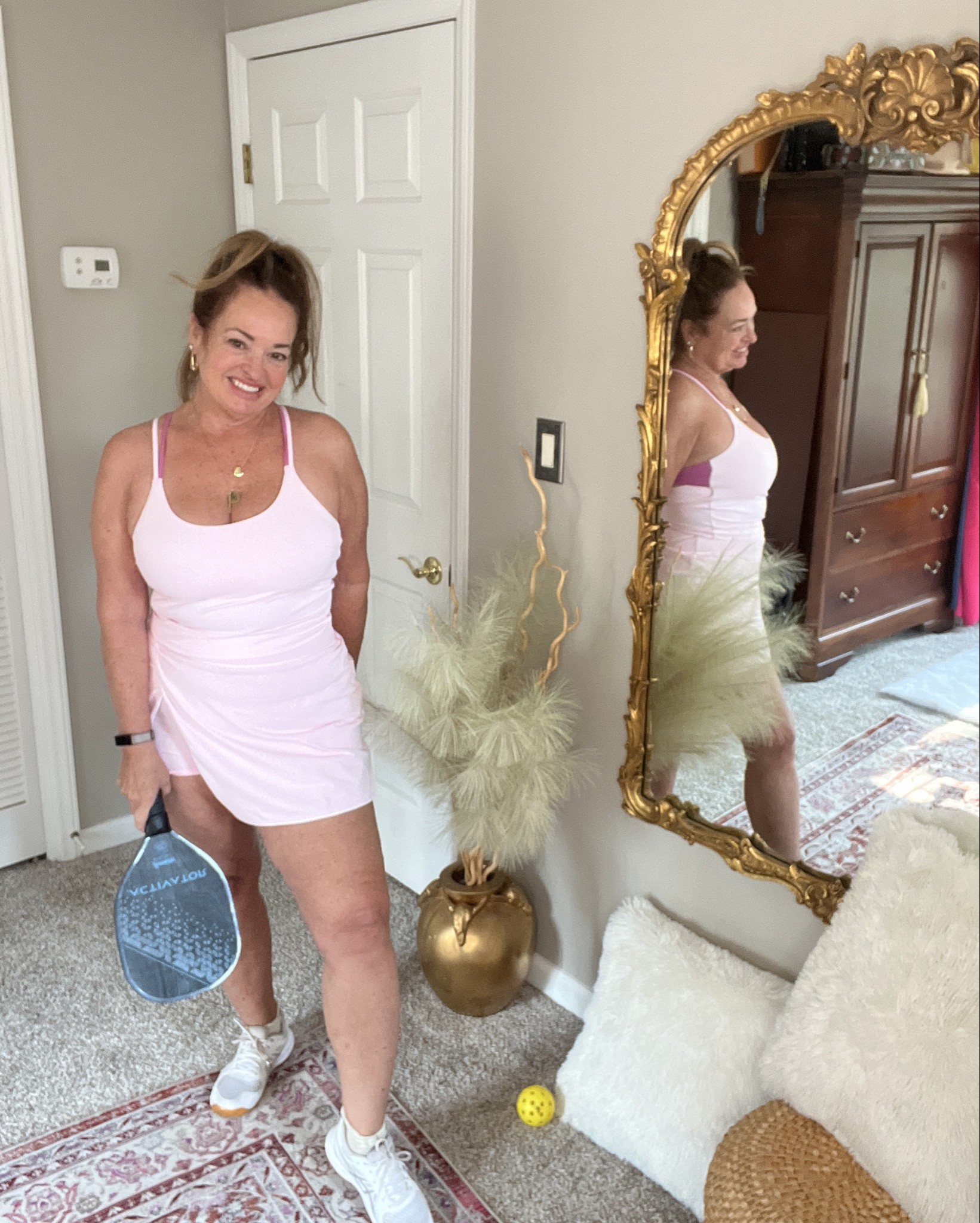 Baby pink pickle ball skirt and matching 2 tone tank. 

#LTKActive #LTKgrwm #LTKootd