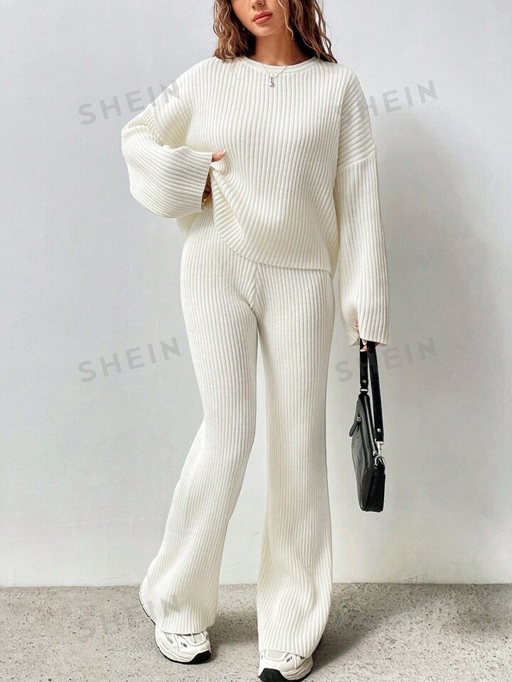 SHEIN EZwear Solid Color Drop Shoulder Sweater And Knitted Wide Leg Pants Fashionable Loose Two-P... | SHEIN