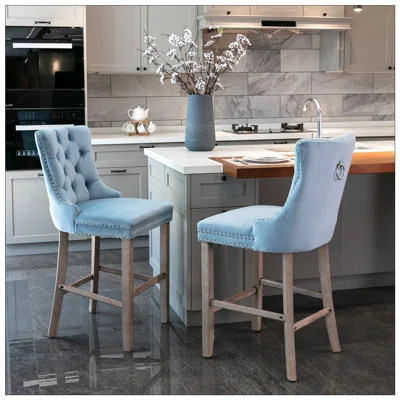Set Of 2,Nailhead Trim Velvet Barstools With Button Tufted Back | Wayfair North America