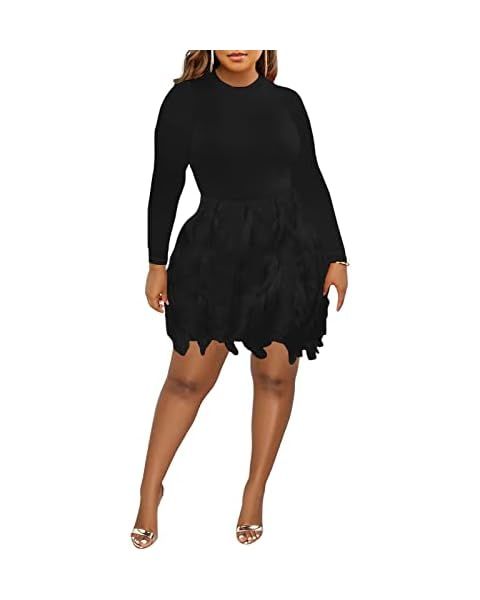 Womens Fringe Tassel Long Sleeve Bodycon Short Dress Crew Neck Party Club Night Mini Dresses | Amazon (US)