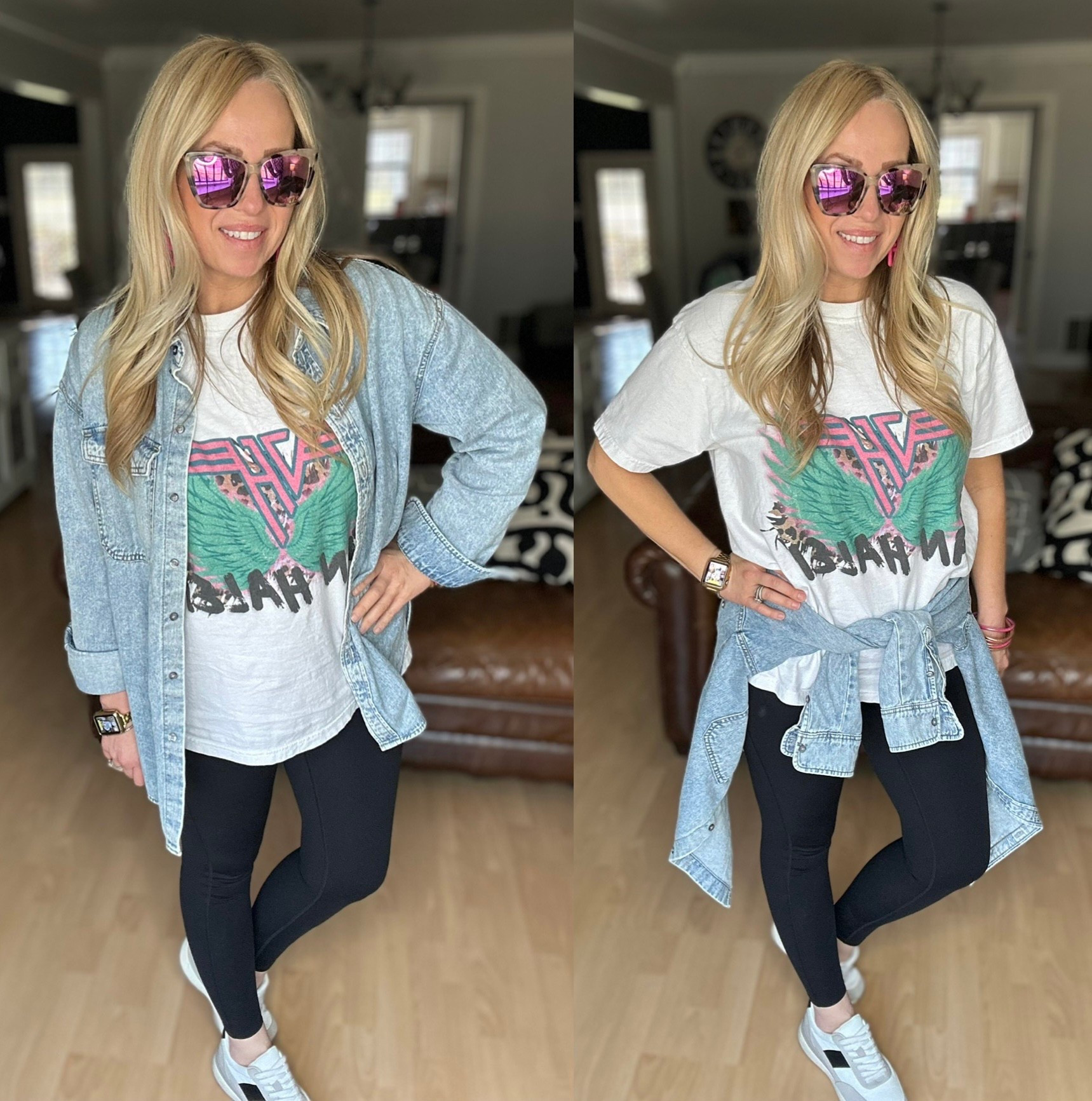 Graphic Tee | Oversized Denim Shirt | Leggings | Casual

#LTKOver40 #LTKStyleTip