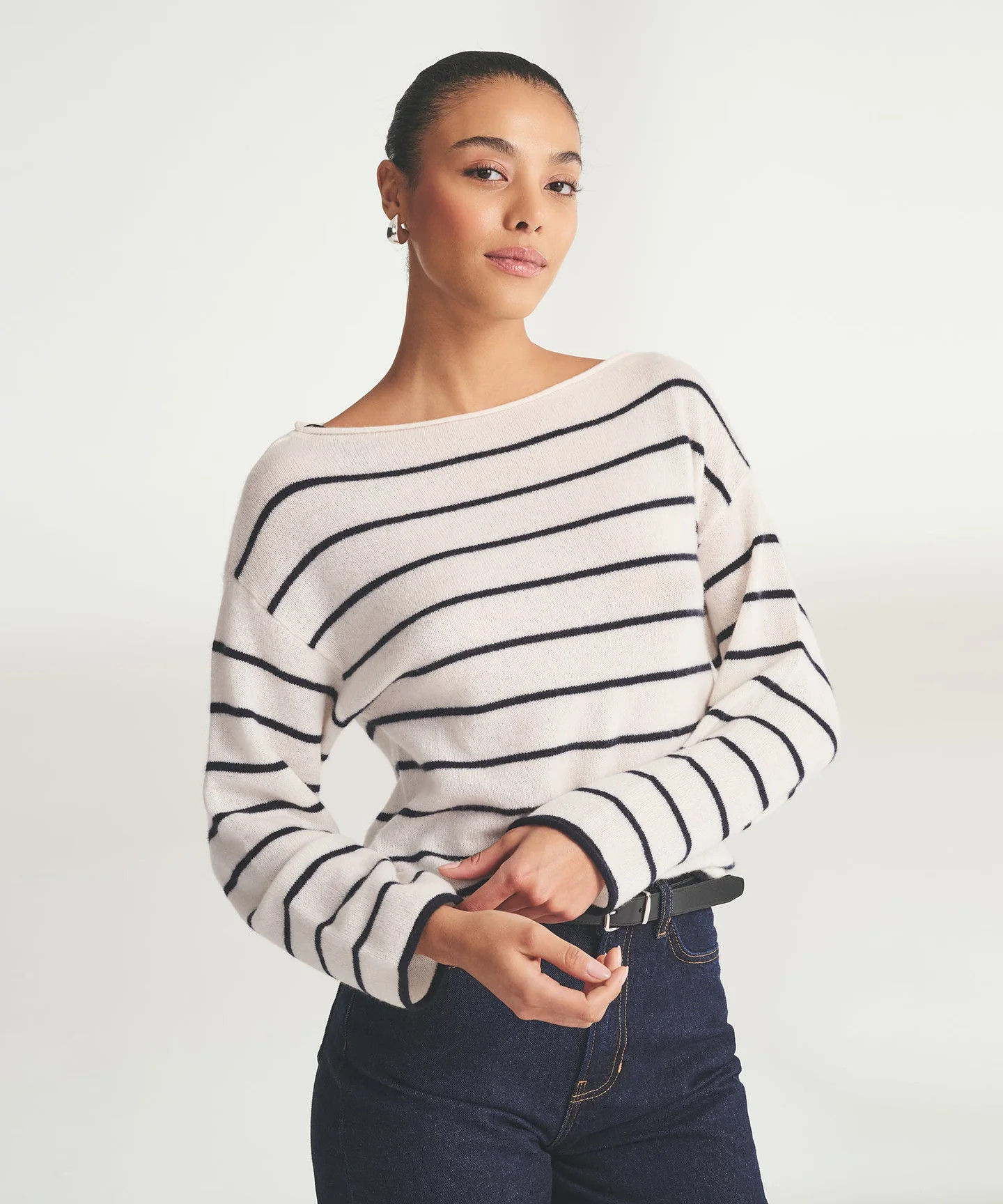 Lightweight Cashmere Relaxed Striped Boatneck Sweater | NAADAM