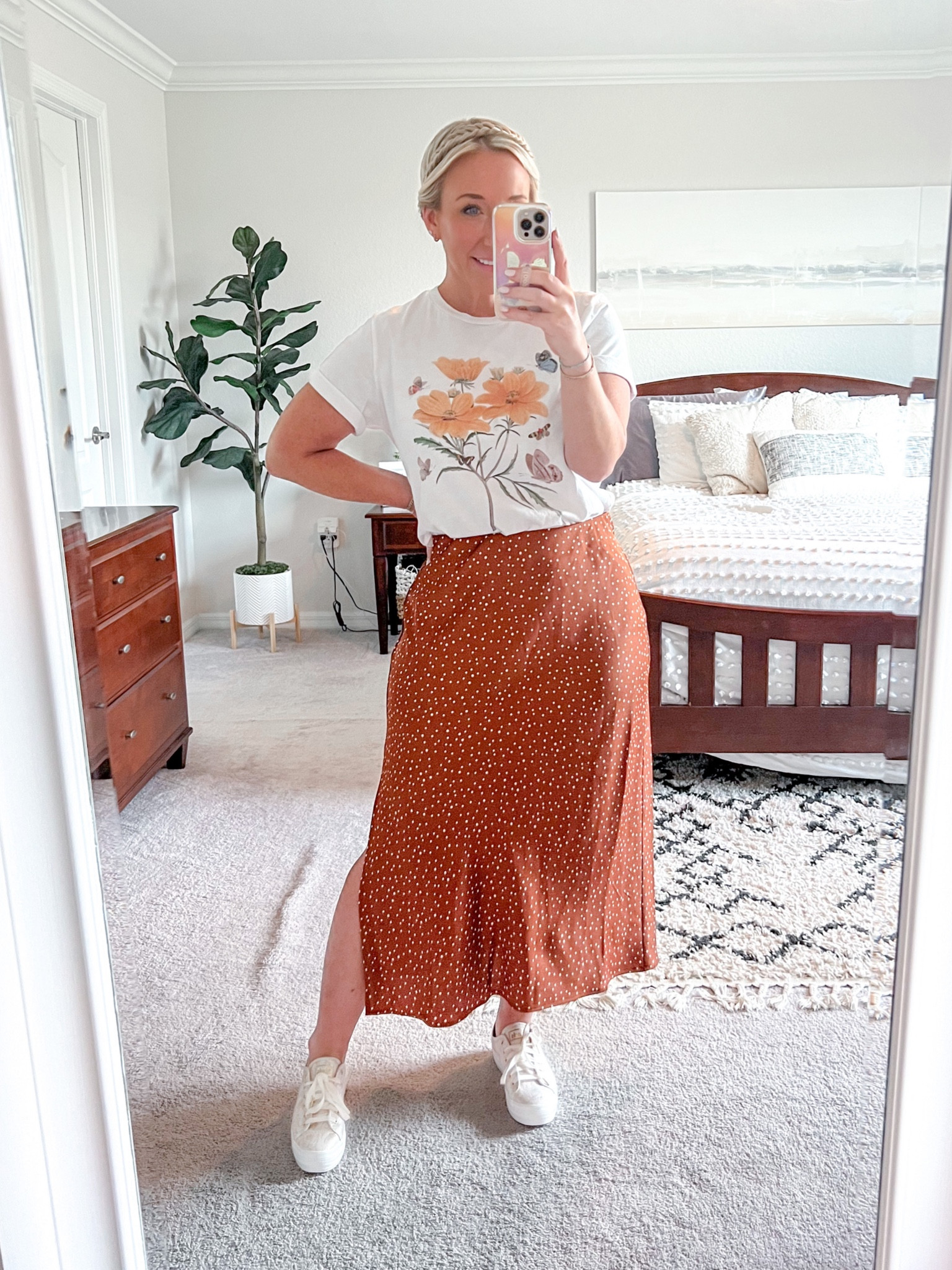 Graphic tee - size my.
Slip skirt - size medium. $25! 
Sneakers - tts & on sale 50% off!

#LTKunder50 #LTKstyletip #LTKBacktoSchool