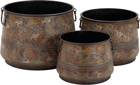 Deco 79 Metal Round Planter with Side Ring Handles, Set of 3 16", 13", 11"W, Brass | Amazon (US)