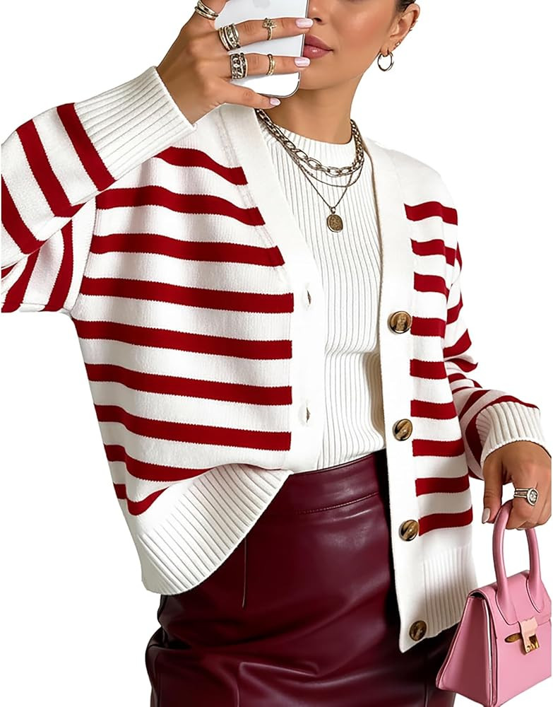 Women's Striped Cardigan Sweaters V Neck Open Front Sweaters Lightweight Long Sleeve Button Tops ... | Amazon (US)