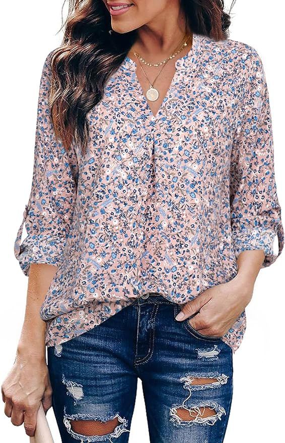 Gaharu Women's Blouses 3/4 Sleeve Work Shirt Chiffon Tunic Top Office Wear | Amazon (US)