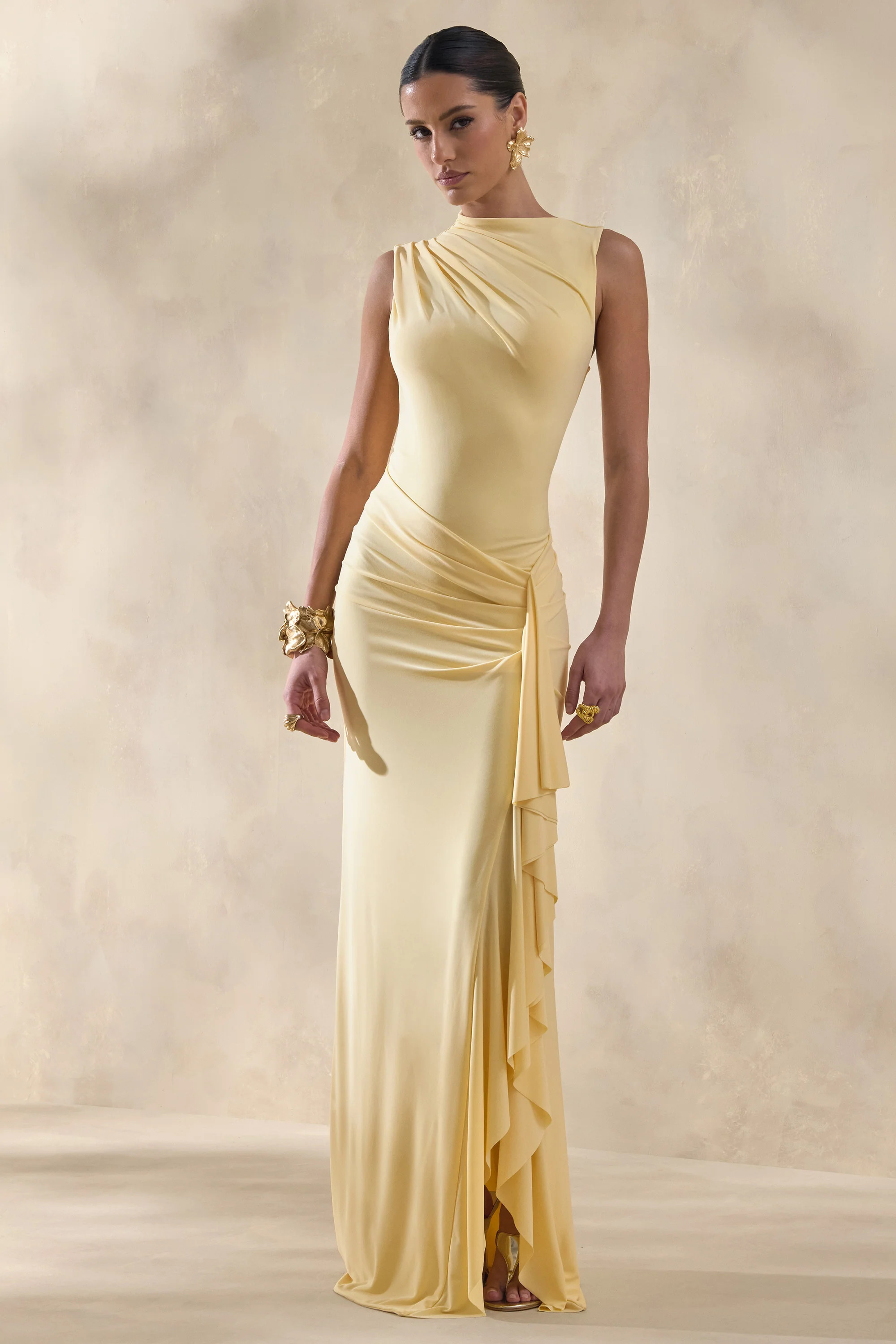 Helessia | Lemon Asymmetric-Neck Maxi Dress With Gathered-Detailing And Sash | Club L London