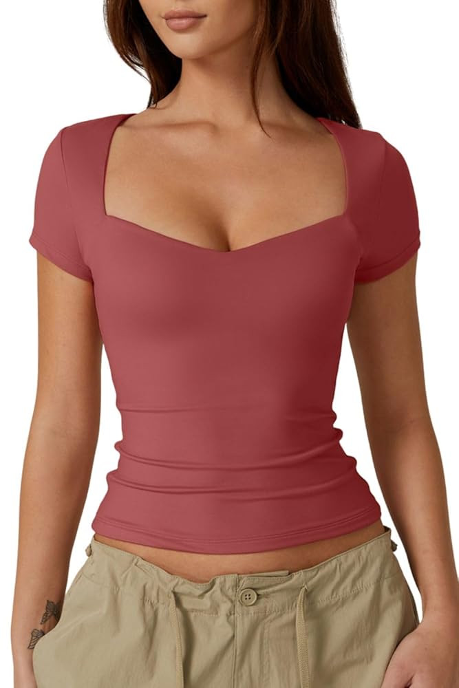 QINSEN Womens Sweetheart Neck Short Sleeve T Shirts Slim Fit Basic Tee Trendy Crop Top | Amazon (US)