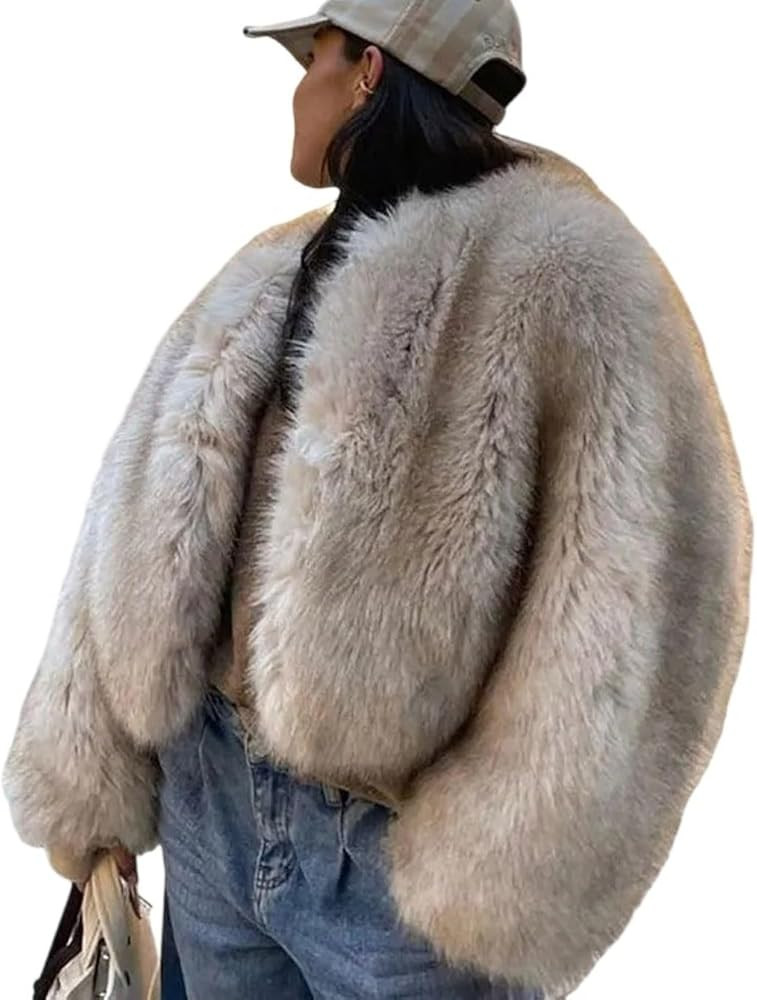 Women's Autumn Winter Cropped Faux Fur Jacket Fluffy Open Front Fashion Shaggy Outerwear Short Co... | Amazon (US)