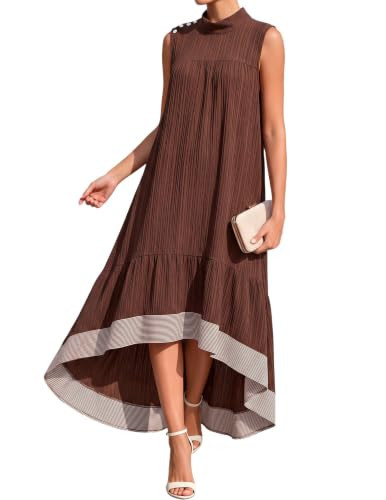 Women's Summer 2026 Casual Dress A Line Sleeveless Mock Neck High Low Hem Flowy Midi Dress with P... | Amazon (US)