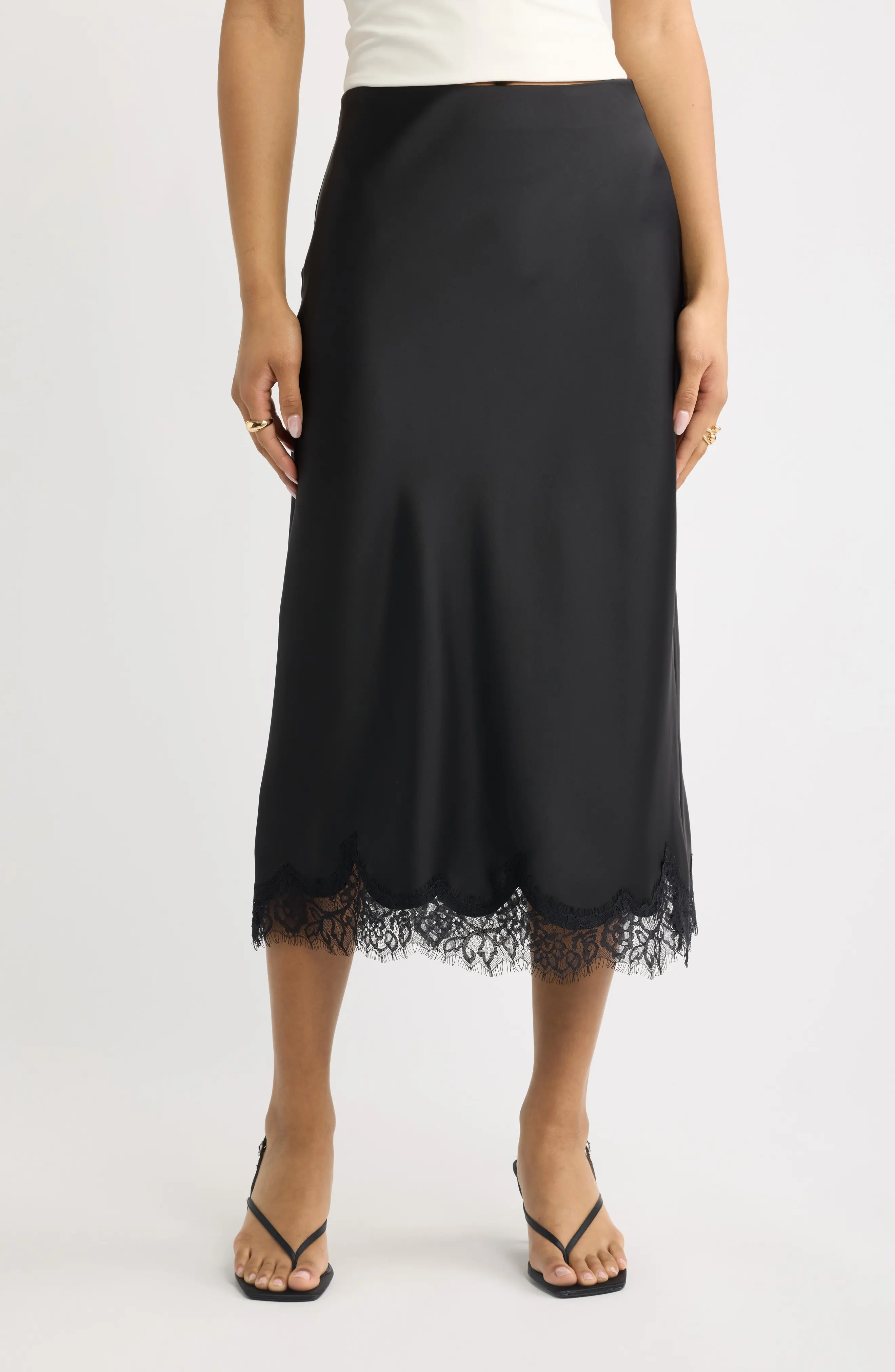 Open Edit Lace Trim Satin Midi Skirt (Women) | Nordstrom | Nordstrom