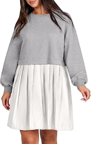 ANRABESS Women Oversized Sweatshirts Hoodie Dress Long Sleeve Crewneck Casual Baggy Patchwork Ple... | Amazon (US)