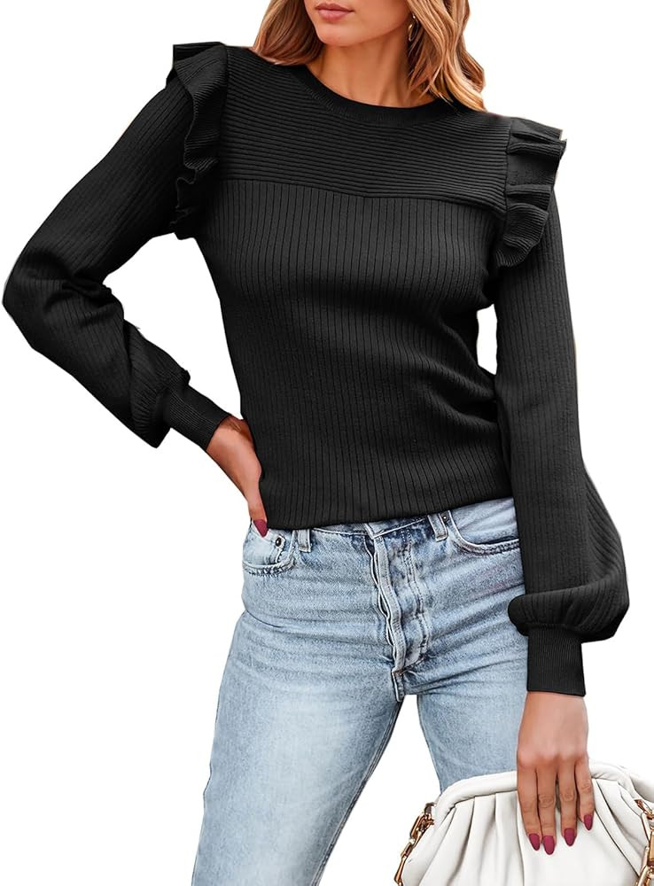 PRETTYGARDEN Women's Ruffle Long Sleeve Sweaters Crew Neck Lightweight Sweater 2025 Fall Trendy R... | Amazon (US)