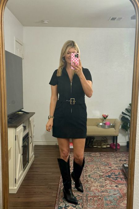 Zip up mini dress with belt and pockets. 🖤 It also comes in different colors. 

#LTKstyletip #LTKfindsunder100 #LTKfindsunder50