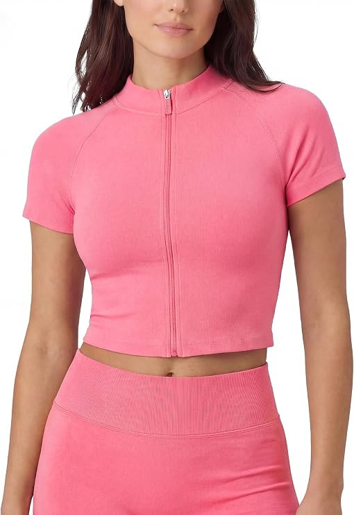 AUROLA Workout Tops for Women, Short Sleeve Gym Shirts Seamless Slim Fit Zip Up Yoga Jacket Crop ... | Amazon (US)