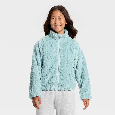 Girls' High Pile Cable Texture Full Zip Jacket - All In Motion™ Light Mint Green S | Target