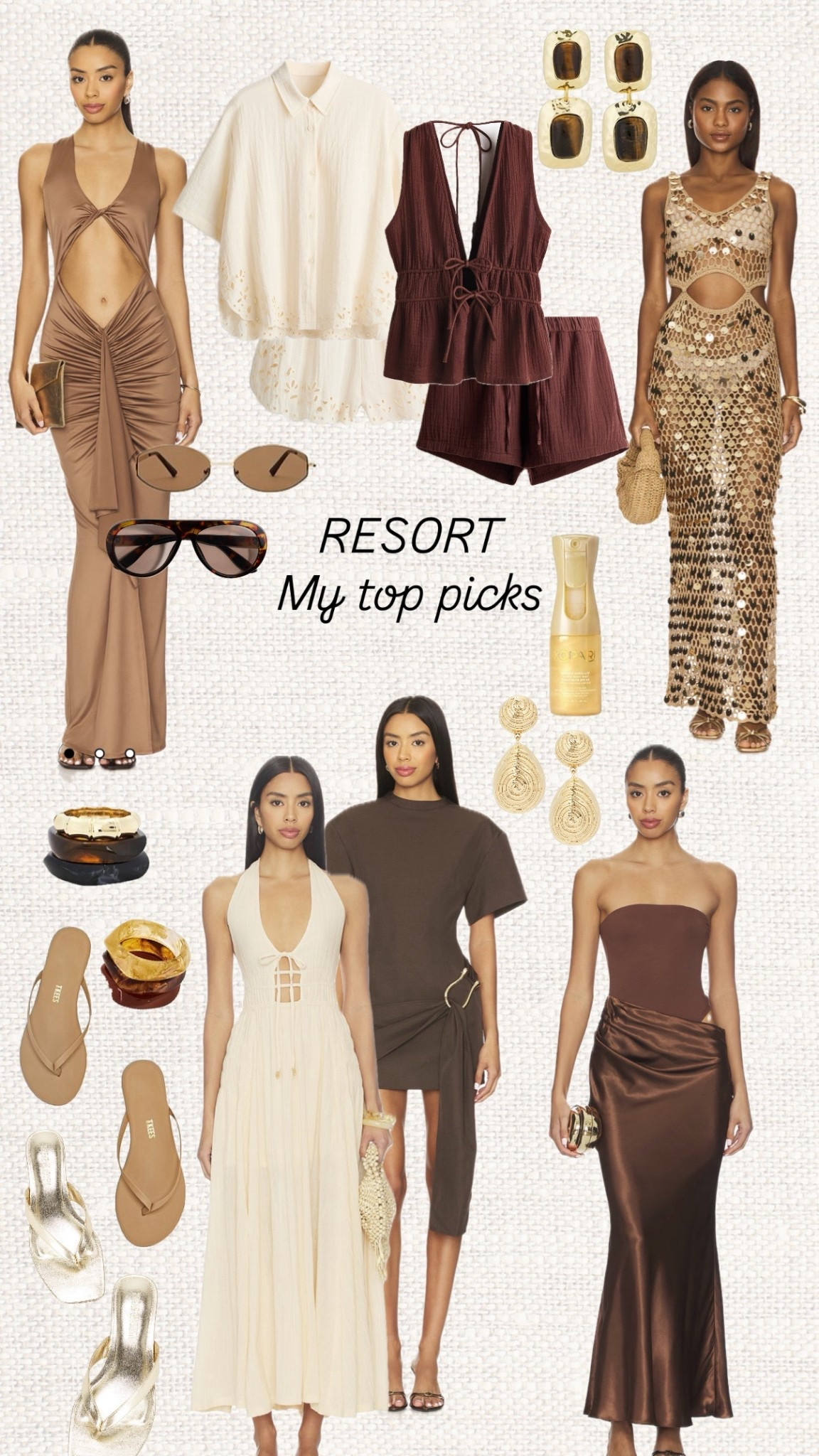 Resort season but make it rich neutrals 🤎✨Think mocha draped maxis, creamy halter dresses, crochet statement pieces and chocolate satin skirts that move with you at golden hour 🌅 

Like this post to save it to your favourite folder and come back later to shop.

resort wear, neutral outfits, mocha dress, brown maxi dress, satin skirt outfit, crochet dress, halter maxi dress, cream summer dress, chocolate brown outfit, beach dinner look, vacation outfits, minimalist style, luxury summer style, gold statement earrings, woven clutch bag, oversized sunglasses, summer sandals, capsule wardrobe, warm toned outfits, holiday packing ideas

#LTKSeasonal #LTKTravel #LTKSwim