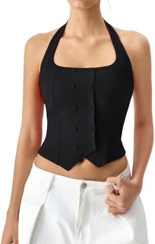 QINSEN Ribbed Sleeveless Tank for Womens Halter Neck Button Trim Slim Fit Cropped Shirt Going Out... | Amazon (US)